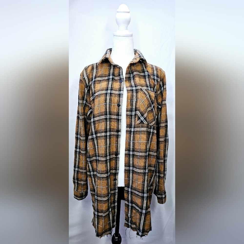Small Men Brown Plaid Flannel Overshirt - Picture 3 of 7